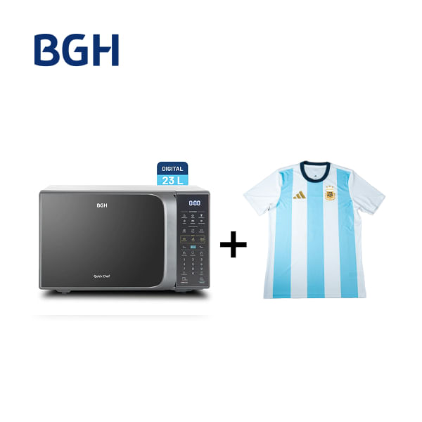 Combo Microondas BGH QuickChef Digital Eco con Grill Silver 23L + Camiseta BGH adidas Talle M
